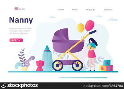 Mother holding little boy. Babysitter service concept. Stroller with bunch of balloons and toys. Newborn toddler care and nanny occupation. Landing page template. Trendy flat vector illustration. Mother holding little boy. Babysitter service concept. Stroller with bunch of balloons and toys. Newborn toddler care and nanny occupation