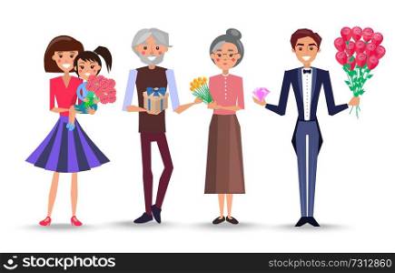Mother holds daughter and bouquet on arms, grandfather make present to grandmother and man in tuxedo with roses and diamond vector illustrations set.. Characters Celebrate International Womens Day