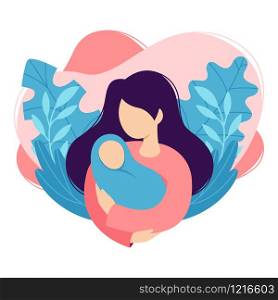 Mother holds the baby in her arms. Woman cradles a newborn. Cartoon design, health, care, maternity parenting. Vector illustration isolated on white background in trendy flat style.