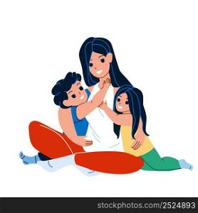 Mother Hugging Kids Boy And Girl aT Home Vector. Young Woman Hugging Kids, Children Son And Daughter Sitting On Floor And Playing Together. Characters Recreation Time Flat Cartoon Illustration. Mother Hugging Kids Boy And Girl aT Home Vector