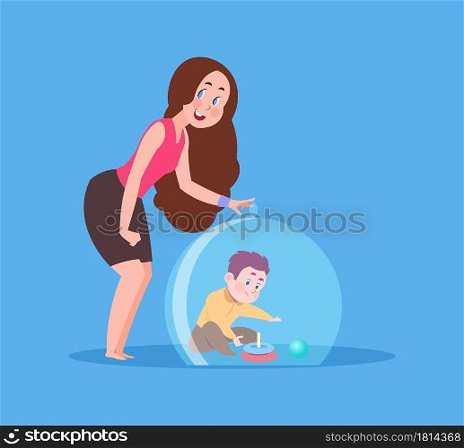 Mother hypercare. Mom protect child under glass dome. Care or disorder, safety baby vector concept. Illustration protection glass dome for safety baby. Mother hypercare. Mom protect child under glass dome. Care or disorder, safety baby vector concept