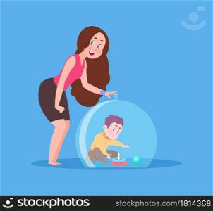 Mother hypercare. Mom protect child under glass dome. Care or disorder, safety baby vector concept. Illustration protection glass dome for safety baby. Mother hypercare. Mom protect child under glass dome. Care or disorder, safety baby vector concept