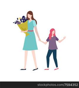 Mother in dress and daughter in casual clothes going together, female holding flowers, portrait and full length view of girls, family flat design vector. Girls Going Together, Mom and Daughter Vector