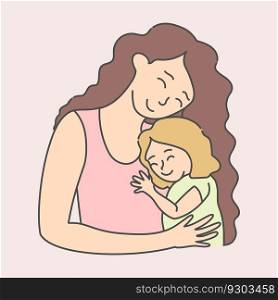 Mother is holding and hugging a child. Mom and daughter together. Mother"s Day theme. Vector art