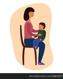 Mother is sitting with her son on the chair. Flat vector illustration. Mother is sitting with her son on the chair.