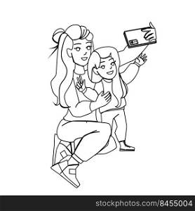 mother kid daughter selfie vector. child family, young mom kid photo, woman phone mother kid daughter selfie character. people black line pencil drawing vector illustration. mother kid daughter selfie vector