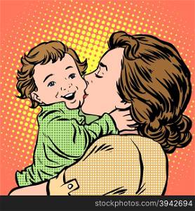 Mother kissing baby pop art retro style. Childhood and motherhood. Love women and son. Mother kissing baby