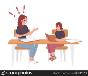 Mother nagging female child over homework semi flat color vector characters. Editable figures. Full body people on white. Simple cartoon style illustration for web graphic design and animation. Mother nagging female child over homework semi flat color vector characters