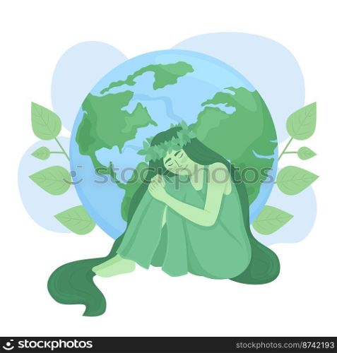 Mother nature 2D vector isolated illustration. Green lady hugging Earth globe flat character on cartoon background. Ecology colourful editable scene for mobile, website, presentation. Mother nature 2D vector isolated illustration