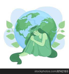 Mother nature 2D vector isolated illustration. Green lady hugging Earth globe flat character on cartoon background. Ecology colourful editable scene for mobile, website, presentation. Mother nature 2D vector isolated illustration