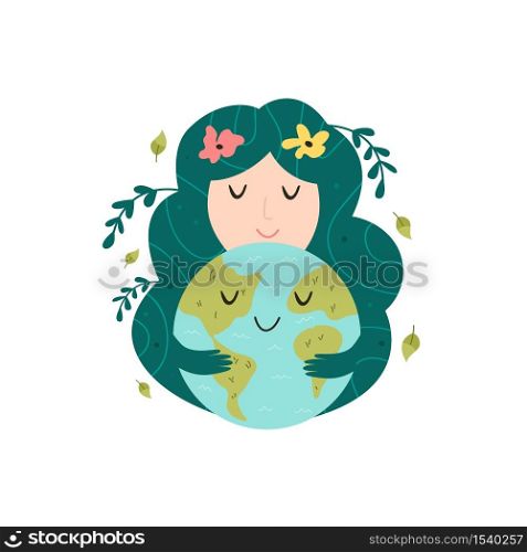 Mother nature hugging smiling Earth planet. Love you planet concept. Earth day. Cute vector illustration. Nature girl hugging smiling Earth planet. Love you planet concept.