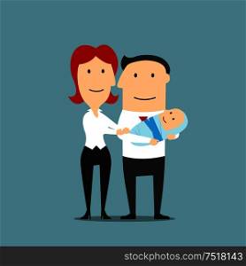 Mother or wife with father or dad who is holding baby or infant. Father and mom couple with pram as cartoon flat characters. Conception of marriage and relationship, parents and child. Mother with father who is holding baby or infant