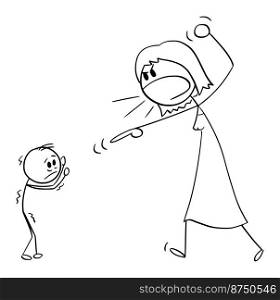 Mother or woman yelling or shouting at small scared child or boy, vector cartoon stick figure or character illustration.. Woman or Mother Yelling at Small Child or Boy, Vector Cartoon Stick Figure Illustration