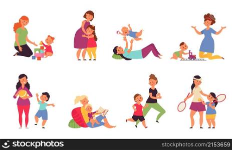Mother playing with kids. Boys play, child sitting on mothers kneets. Little baby and young mom, smiling sweet toddler decent vector cartoon characters. Mom play with kid and spent time illustration. Mother playing with kids. Boys play, child sitting on mothers kneets. Little baby and young mom, smiling sweet toddler decent vector cartoon characters