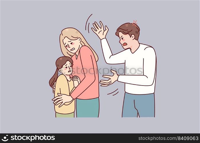 Mother protect child from aggressive father. Woman hide kid from authoritarian husband. Family conflict and domestic violence problem. Vector illustration.. Woman protect child from aggressive husband 