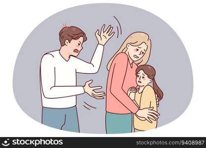 Mother protect child from aggressive father. Woman hide kid from authoritarian husband. Family conflict and domestic violence problem. Vector illustration.. Woman protect child from aggressive husband