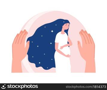 Mother protection. Motherhood, pregnant woman in safety bubble. Hand care about young female, baby waiting vector concept. Mother pregnancy healthy, motherhood protection illustration. Mother protection. Motherhood, pregnant woman in safety bubble. Hand care about young female, baby waiting vector concept