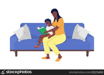 Mother reading book to male toddler semi flat color vector characters. Full body people on white. Spending time together isolated modern cartoon style illustration for graphic design and animation. Mother reading book to male toddler semi flat color vector characters