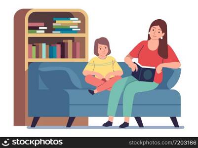 Mother reading to kid. Mom reading bedtime story book preparing child for sleep in bed, happy family and parent spending time together at home vector concept. Mother reading to kid. Mom reading bedtime story book preparing child for sleep in bed, parent spending time together at home vector concept