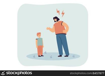 Mother reproaching upset kid flat vector illustration. Angry woman punishing naughty son, scolding child. Family, conflict, parenting, argument, violence concept for banner design or landing page