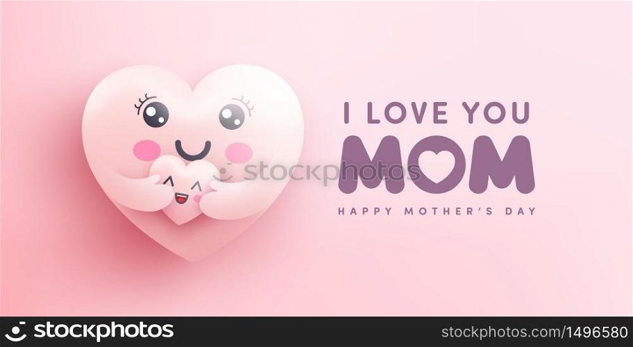 Mother&rsquo;s Day banner with Moter heart emoji hugging baby heart on pink background.Promotion and shopping template or background for Love and Mother&rsquo;s day concept.Vector illustration eps 10