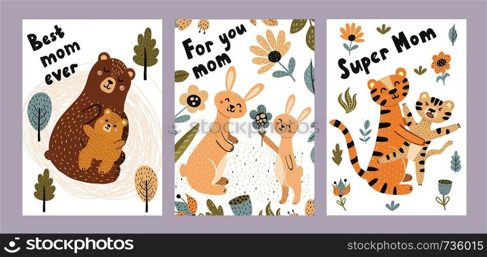 Mother's day cards collection. Adorable postcards with cute animals - mother and babies. Vector illustration