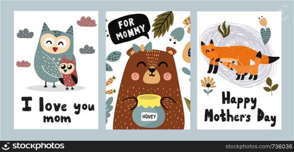 Mother's Day greeting cards collection. Cute animals prints. Vector illustration