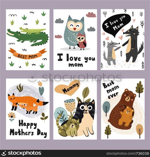 Mother's Day greeting cards collection. Cute animals prints. Vector illustration