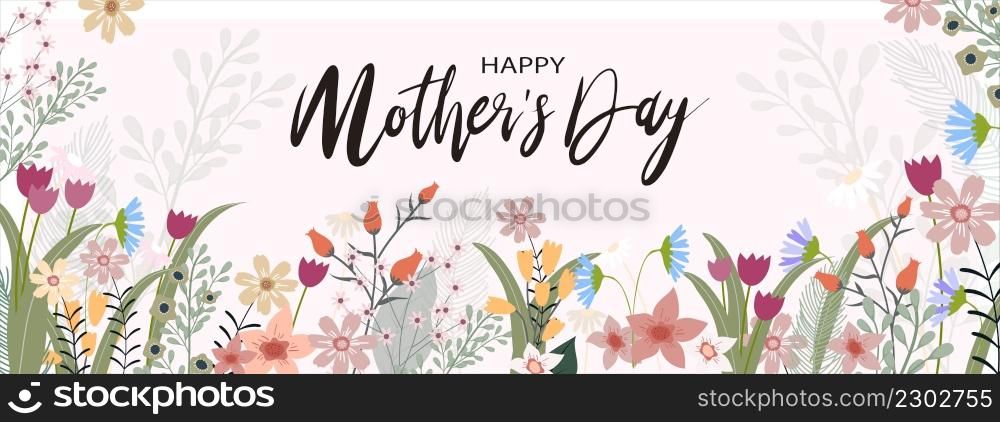 Mother's day banner with Spring flowers border on peach pastel background, Vector illustration horizontal backdrop of cute blooming flora frame, Flat design of Beautiflu botanical