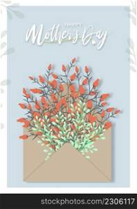 Mother s Day greeting card with Bouquet of spring flowers inside the envelope, Vector Hand drawn trendy flat lay design paper cut style.
