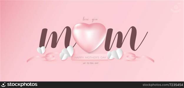 Mother's day Tag banner Paper heart on Pink Sweet wallpaper background use for promotion on love celebration