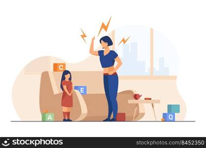 Mother scolding little daughter. Mom shouting at kid, toys, home flat vector illustration. Problem in family, childhood, abuse concept for banner, website design or landing web page