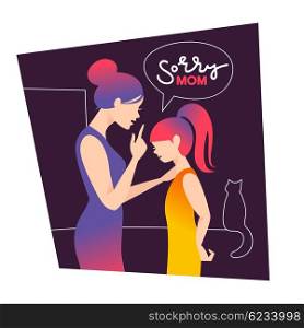 Mother silhouette with her daughter child. Vector illustration with beautiful woman and girl. Angry parent scolding teen. Sorry mom card