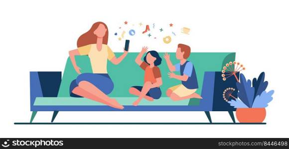 Mother sitting on sofa with kids and using smartphone. Couch, online, leisure flat vector illustration. Family and digital technology concept for banner, website design or landing web page