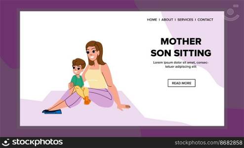 mother son sitting vector. family happiness, home children, cheerful internet, grandson learning mother son sitting web flat cartoon illustration. mother son sitting vector