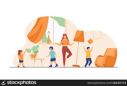 Mother standing calm in the middle of room flat vector illustration. Mischievous and naughty children making chaos. Parenting and behavior concept.