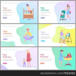 Mother standing near sleeping newborn, mom feeding baby, walking woman with child in casual clothes, going with buggy, parent caring web vector. Website or webpage template, landing page flat style. Family Together, Mom and Child, Motherhood Vector