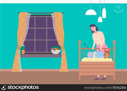 Mother standing near wooden baby bed with sleeping newborn and teddy toy. Bedroom with big window and blue wall, mom caring, portrait view of family vector. Mom Standing near Sleeping Newborn, Bedroom Vector