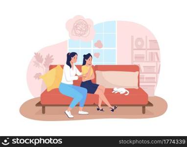 Mother support sad teenage daughter 2D vector isolated illustration. Unhappy girl with mom at home. Supportive family flat characters on cartoon background. Teenager problem colourful scene. Mother support sad teenage daughter 2D vector isolated illustration