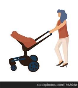 Mother walking with carriage. Cartoon woman carrying pram. Little baby lies in modern buggy. Isolated people spend time with children, outdoor family leisure pastime. Vector minimalist illustration. Mother walking with carriage. Cartoon woman carrying pram. Baby lies in modern buggy. People spend time with children, outdoor family leisure pastime. Vector minimalist illustration