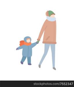 Mother walking with child holding hand of kid vector. People having fun at wintertime, winter season cold weather and warm clothes put on baby boy. Mother Walking with Child Holding Hand of Kid