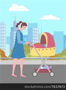 Mother walking with infant outdoor, female going with stroller near urban park. Parent with baby outdoor, skyscraper view, motherhood or parenting vector. Mom Walking with Pram in City, Buildings Vector