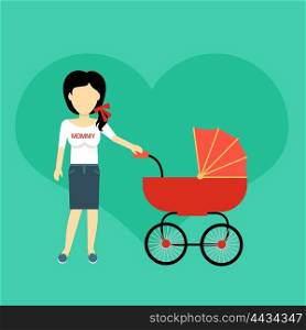 Mother with a baby carriage banner design flat. Parent mother walking with baby in the baby carriage. Mom young happy with toddler, female and motherhood, love and happiness, vector illustration