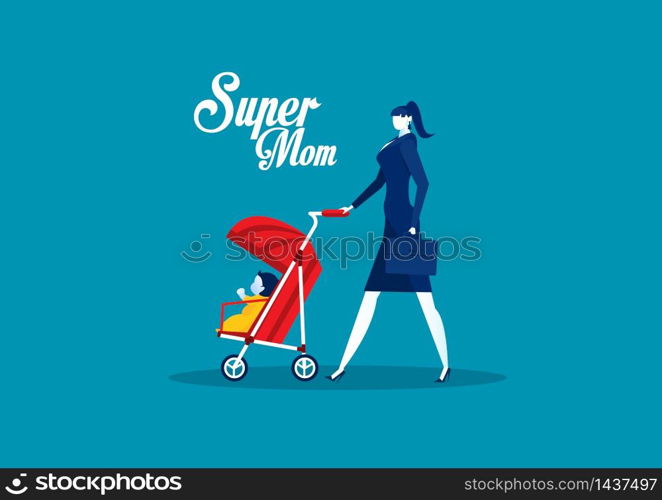 Mother with Baby Carriage ,mother day super mom concept vector.