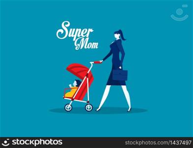 Mother with Baby Carriage ,mother day super mom concept vector.