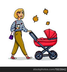 Mother with baby in stroller. Young stylish woman walking with baby carriage and cup of coffe. Cartoon style girl walk with baby in autmn. Vector illustration.. Mother with baby in stroller. Young stylish woman walking with baby carriage. Cartoon style girl walk with baby in autmn. Vector illustration