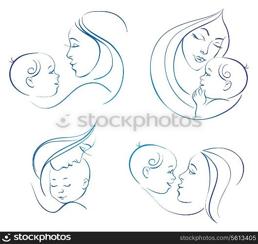 Mother with baby. Set of linear silhouette illustrations