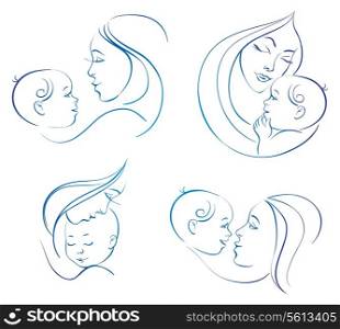 Mother with baby. Set of linear silhouette illustrations