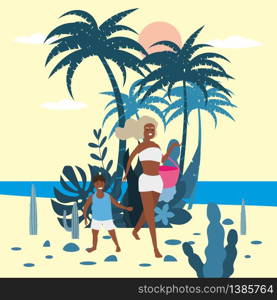 Mother with child boy in bikini with beach bag on background of exotic plants of palm sea. Mother with child boy in bikini with beach bag on background of exotic plants of palm sea, ocean, beach. Trend modern flat cartoon, vector, isolated, poster