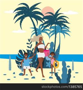 Mother with child girl and boy in bikini with beach bag on background of exotic plants of palm sea. Mother with child girl and boy in bikini with beach bag on background of exotic plants of palm sea, ocean, beach. Trend modern flat cartoon, vector, isolated, poster
